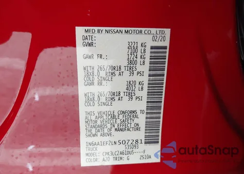 2020 Nissan Titan Sv 4X2 из США, поврежденный, VIN 1N6AA1EF2LN507281